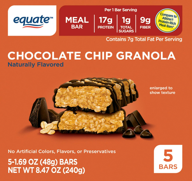 이퀘이트 Equate 초콜렛칩 체중관리 그래놀라바 5ct (240g) *단백질 17g*