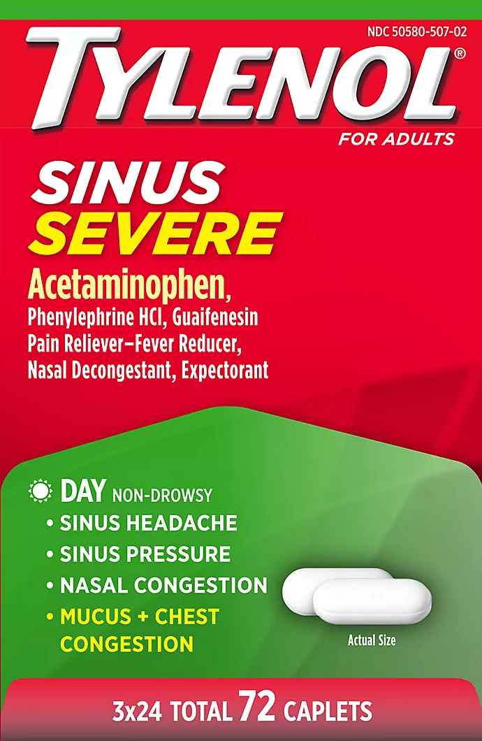 12+ 타이레놀 난드라우지 (졸음없는) 시비어 사이너스 (심한 코감기) 24정 3팩 (72정)