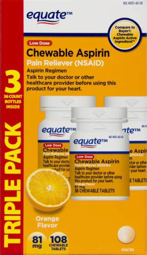 이퀘이트 아스피린 81mg 츄어블 오렌지맛 36정 3병 (108정)