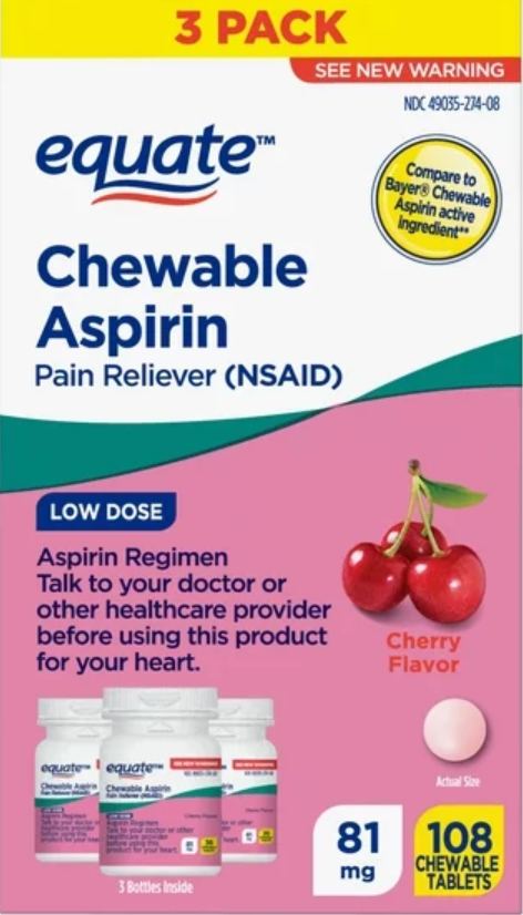 이퀘이트 아스피린 81mg 츄어블 체리맛 36정 3병 (108정)