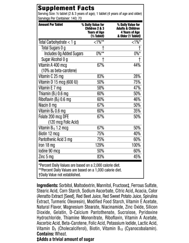 2+ 바이엘 플린트스톤 멀티 + 철분 슈가-프리 츄어블 70정