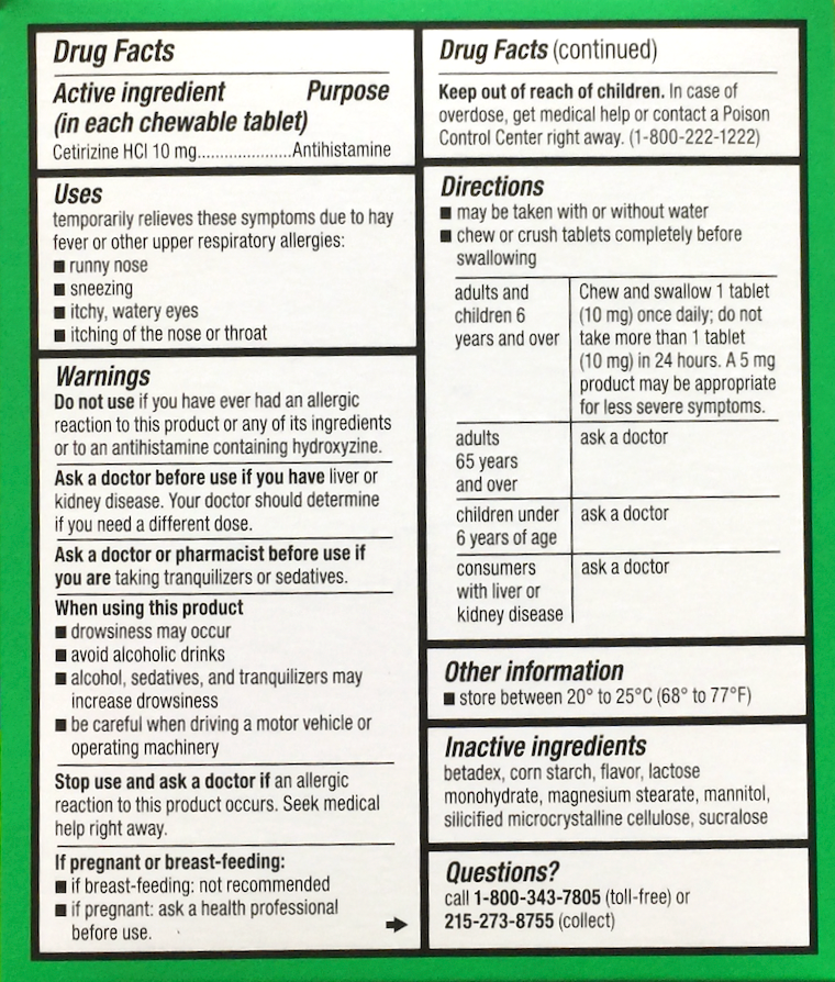 6+ 존슨앤존슨 지르텍 세티리진 HCI 10mg 24시간 알러지 릴리프 무색소 츄어블 72정
