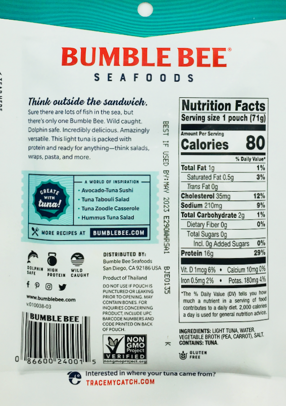 범블비 Bumble Bee Non-GMO 라이트 참치 파우치 71g 6ct (426g)