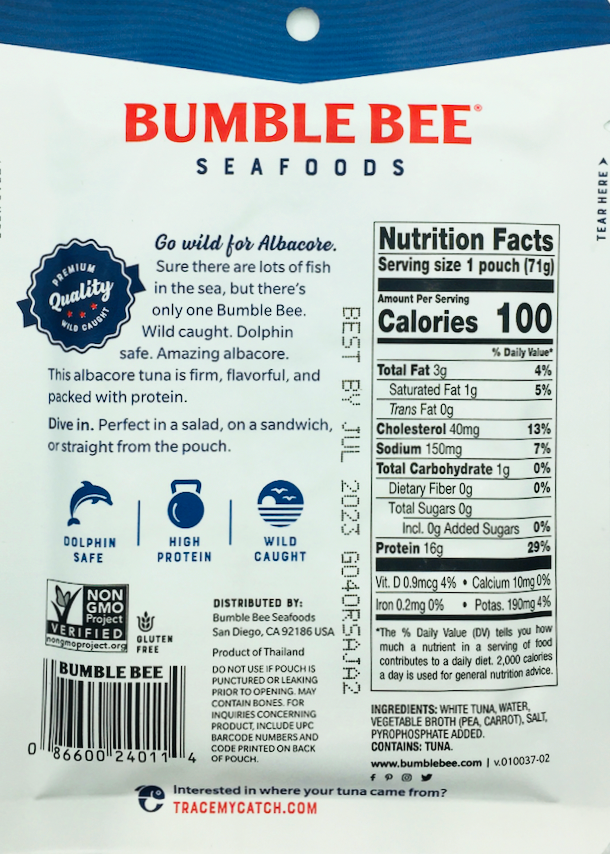 범블비 Bumble Bee Non-GMO 알바코어 참치 파우치 71g 6ct (426g)