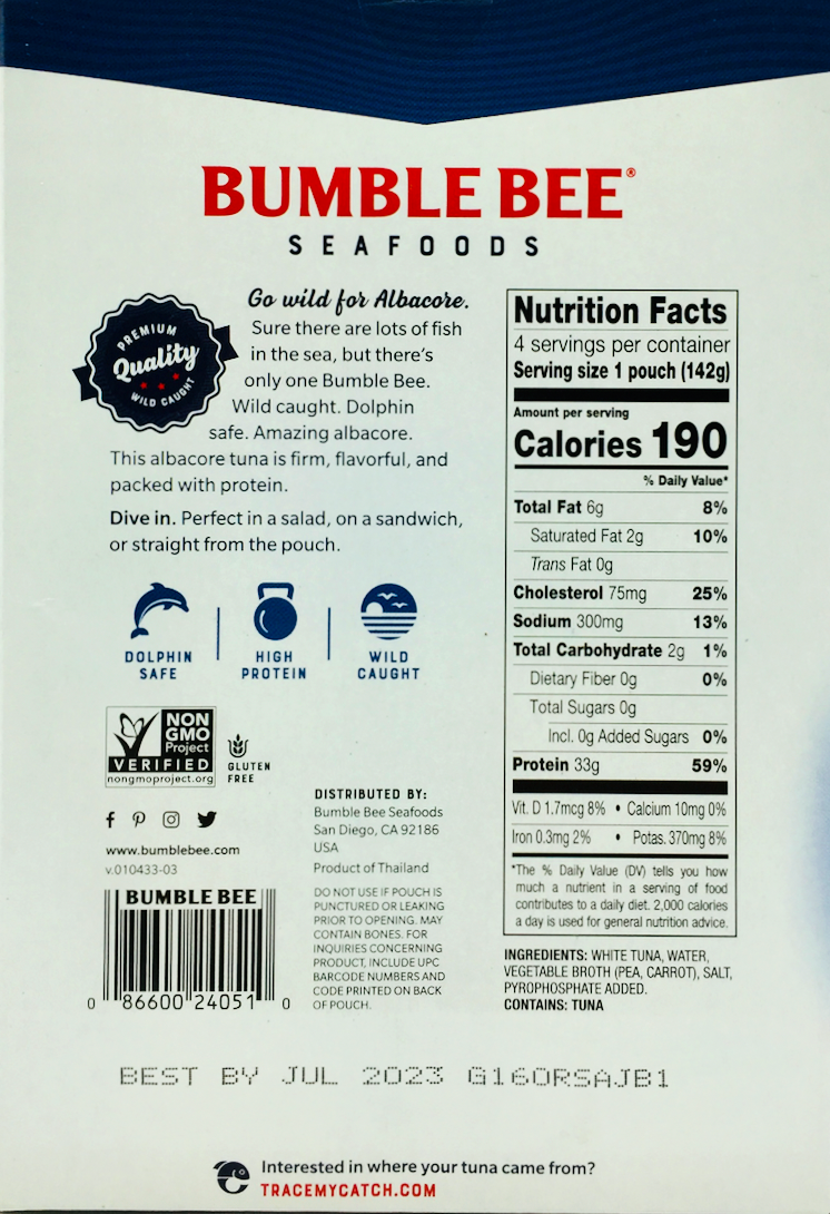 범블비 Bumble Bee Non-GMO 알바코어 참치 파우치 142g 4ct (568g)