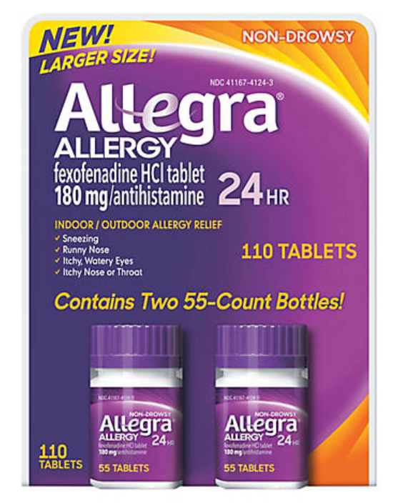 12+ 사노피 알레그라 펙소페나딘 180mg 24시간 알러지 릴리프 55정 2병 (110정)