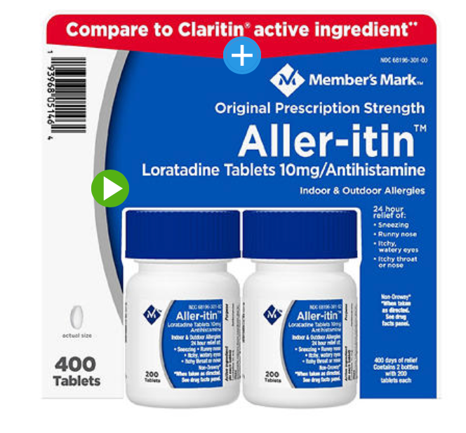 6+ 멤버스마크 로라타딘 10mg 24시간 알러지 릴리프 200정 2병 (400정)