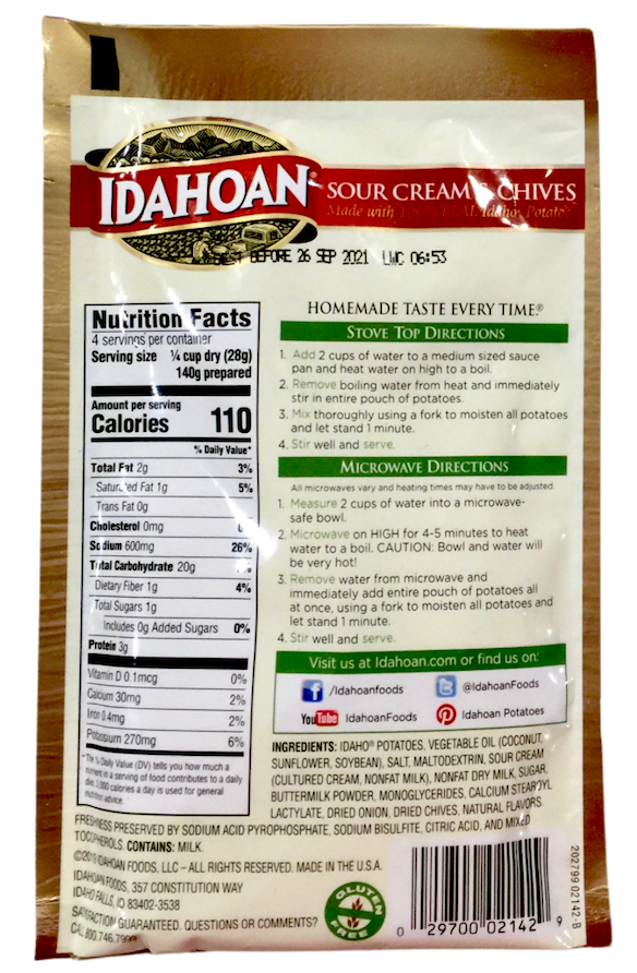 아이다호안 Idahoan 글루텐-프리 사워크림 & 차이브 매시드 포테이토 113g 2ct (226g)