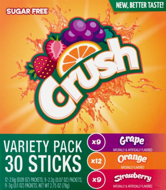 크러시 Crush 슈가-프리 포도•오렌지•스트로베리 드링크 믹스 30ct (78g)