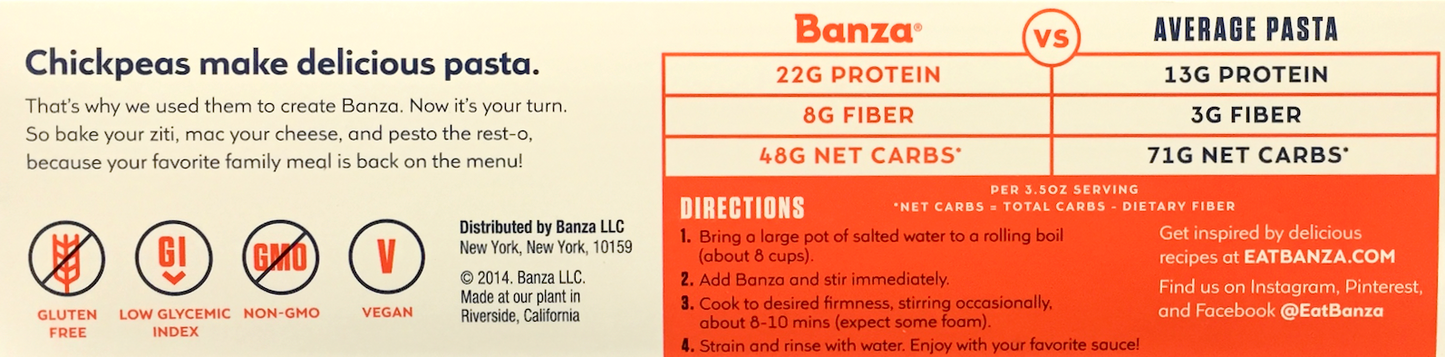 반자 Banza Non-GMO/글루텐-프리/저혈당 병아리콩 스파게티 227g