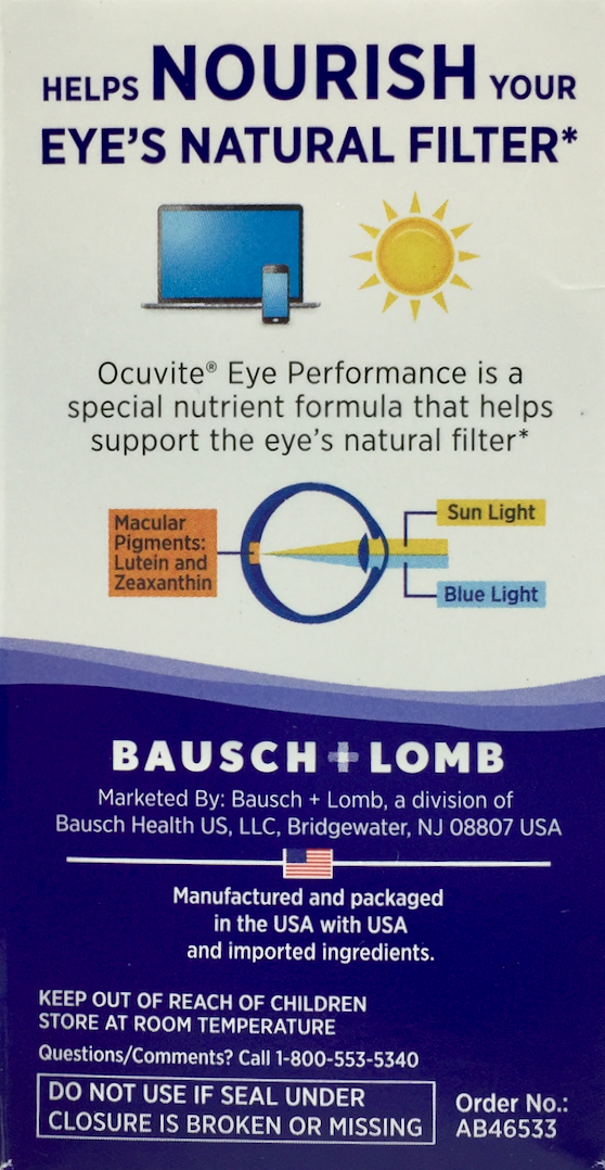 바슈롬 Bausch Lomb 오큐바이트 아이 퍼포먼스 루테인 10mg + 제아잔틴 50 액정 *7가지 눈영양+오메가-3*
