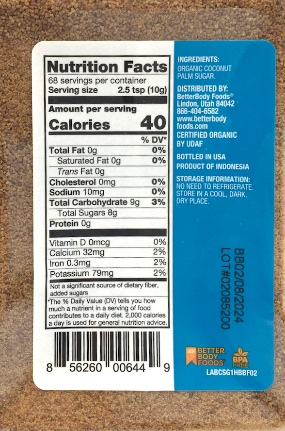 베터바디푸드 BBF 유기농/Non-GMO 비정제 코코넛 설탕 캐니스터 680g