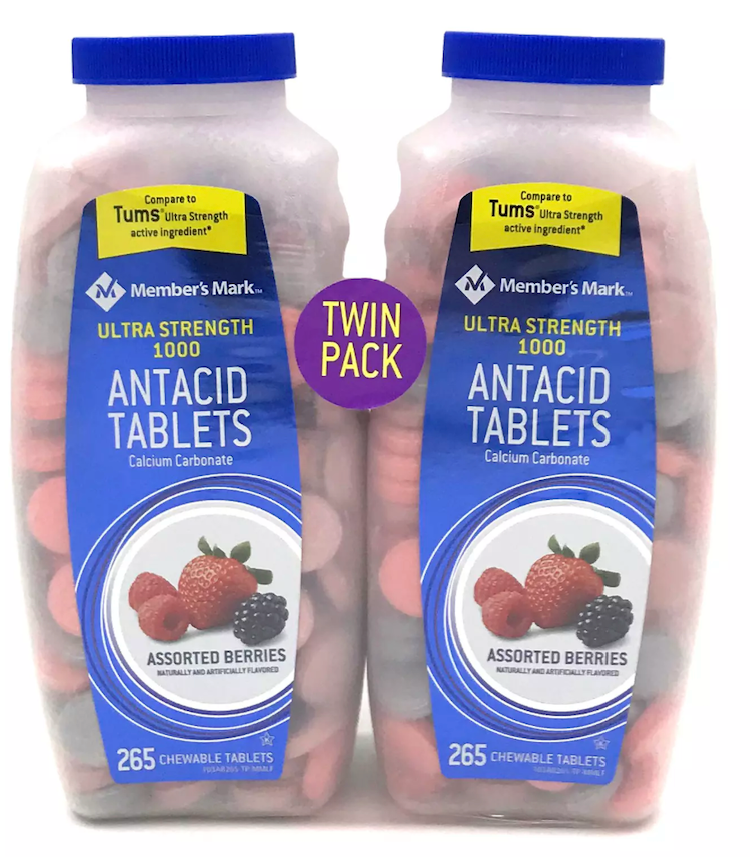12+ 멤버스마크 앤트애시드 탄산칼슘 1000mg 위산중화 츄어블 265정 2병 (530정)
