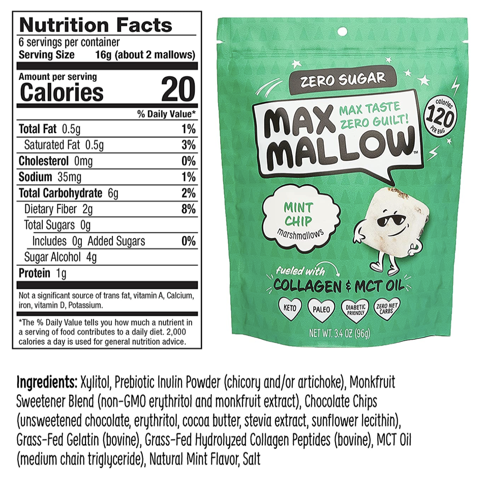 맥스멜로우 Max Mallow 슈가/글루텐/길트-프리 민트칩 마시멜로 96g*케토/당뇨-친화*