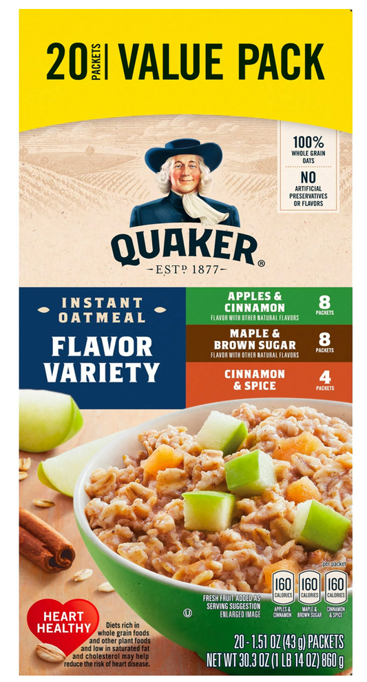 퀘이커 Quaker 인스턴트 오트밀 3가지맛 20팩 (860g)