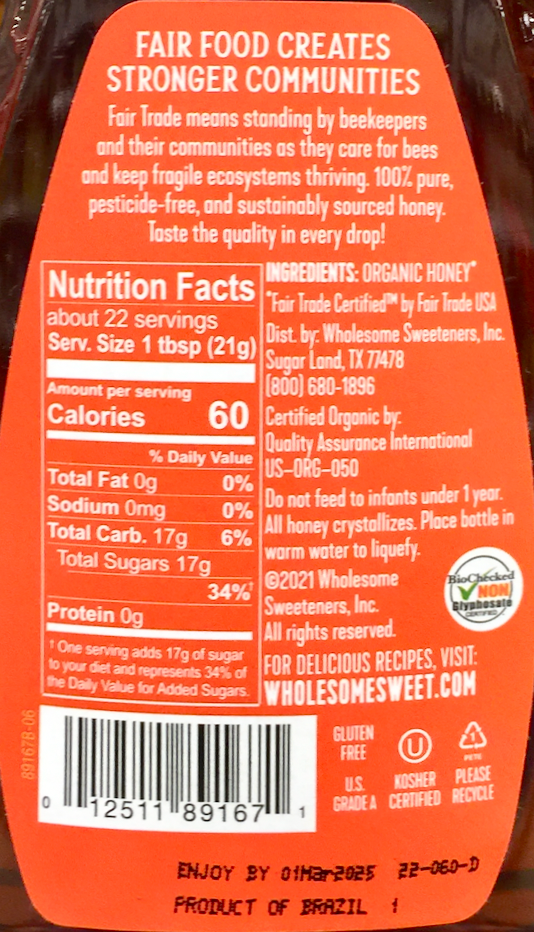 홀섬 Wholesome 유기농/Non-GMO 공정무역 꿀 454g