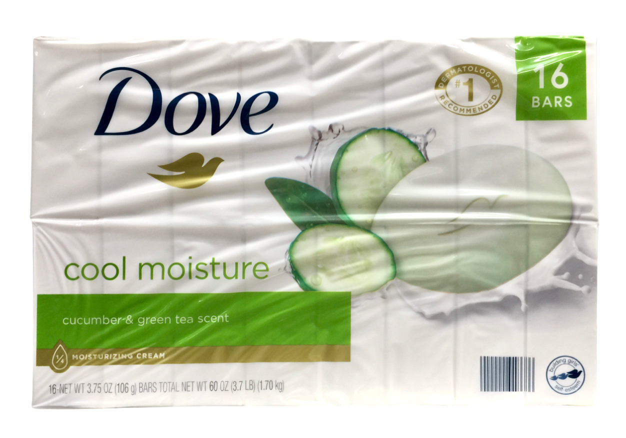 유니레버 Unilever 도브 파라벤/프탈레이트-프리 쿨모이스처 오이 녹차 비누 106g 16ct (1.7kg) *핸드솝/클렌저 겸용**