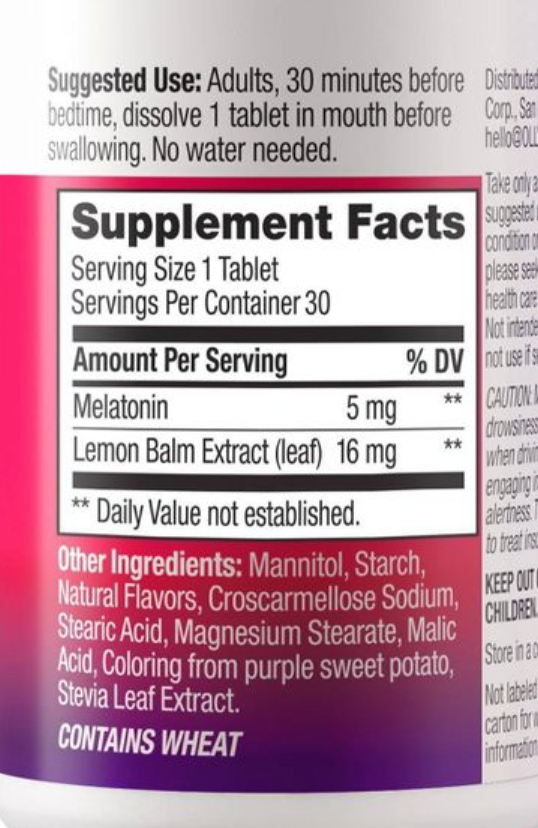 올리 슬립 약물/슈가-프리 멜라토닌 5mg + 레몬밤 수면유도 딸기맛 츄어블 30정