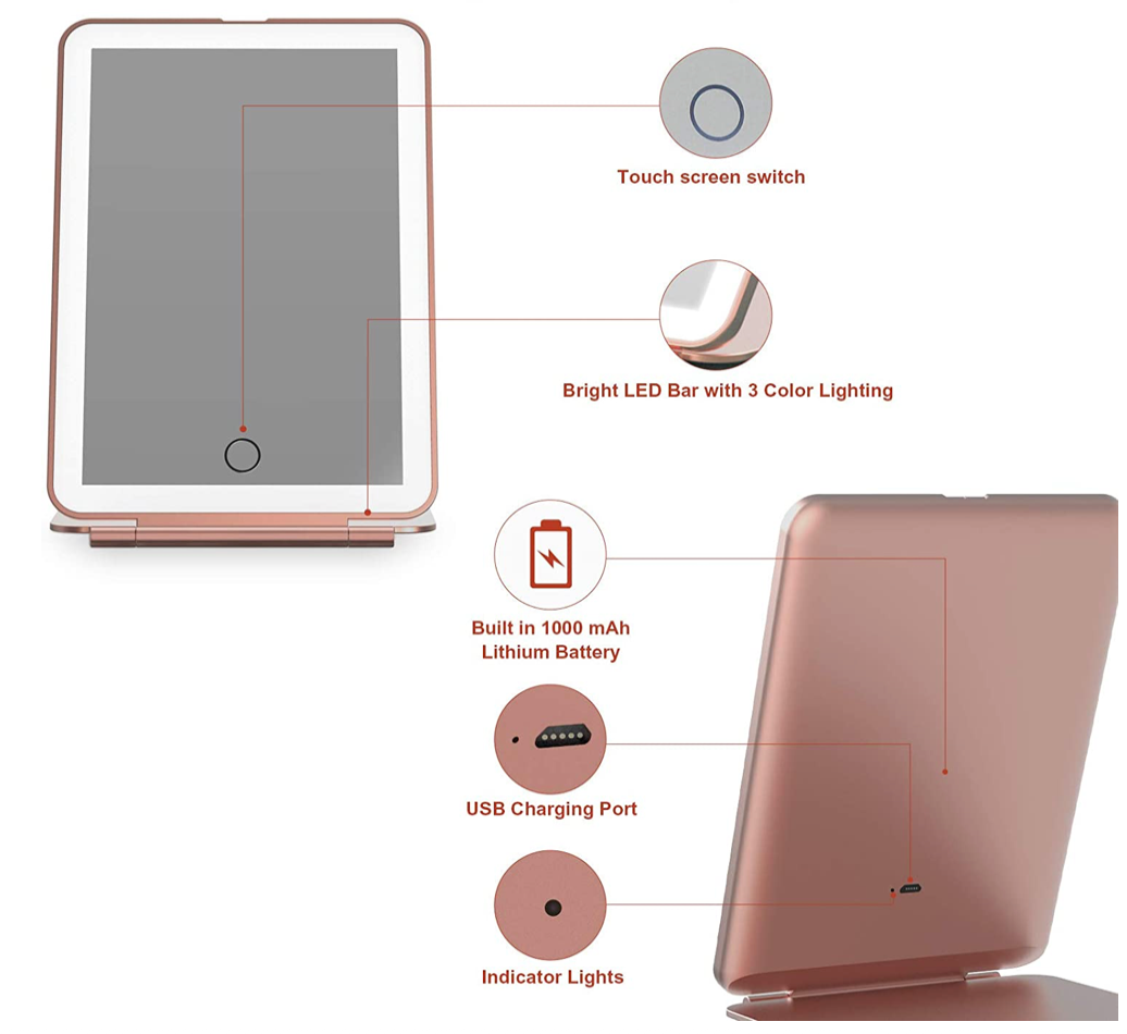 펀터치 Funtouch LED 휴대용 메이크업 거울 Rose Gold *USB충전/3가지조명/밝기조절*