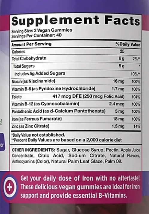 네이처스트루쓰 Non-GMO 젤라틴-프리 철분 6mg + B12 아연 거미 120정