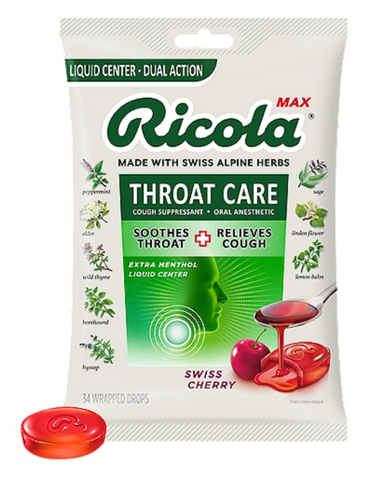 6+ 리콜라 Ricola GMO-프리 맥스 쓰롯케어 스위스 체리 기침•인후통 드롭 34pc