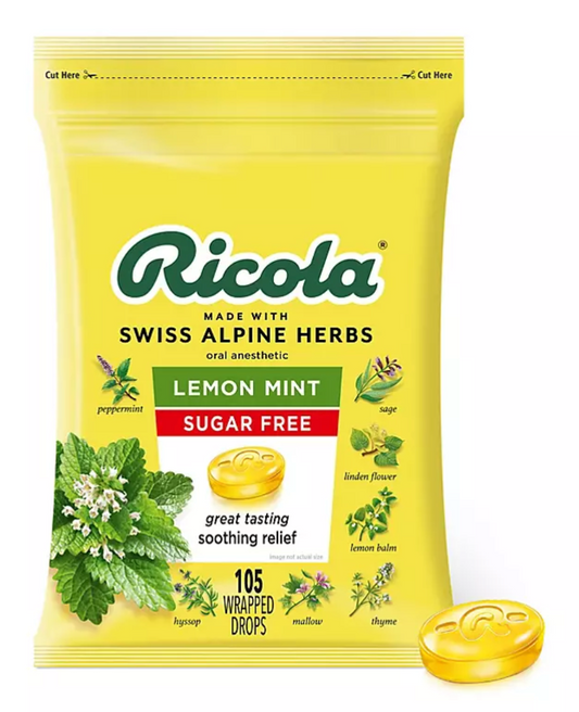 6+ 리콜라 Ricola 슈가/GMO-프리 레몬 민트 인후통 드롭 105pc