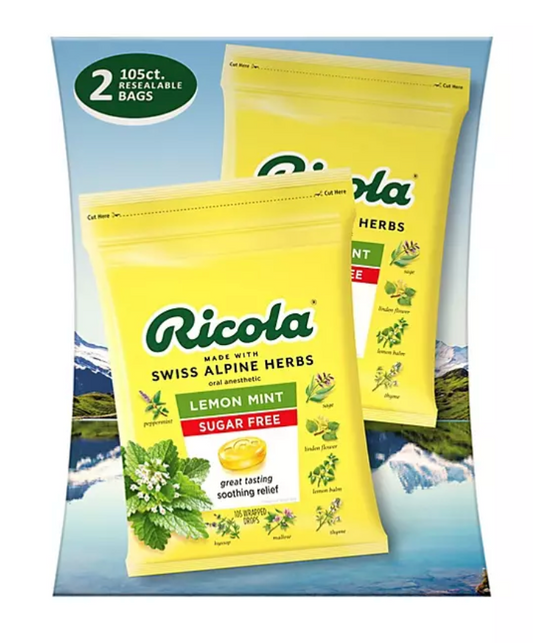 6+ 리콜라 Ricola 슈가/GMO-프리 레몬 민트 인후통 드롭 105pc 2ct (210pc)