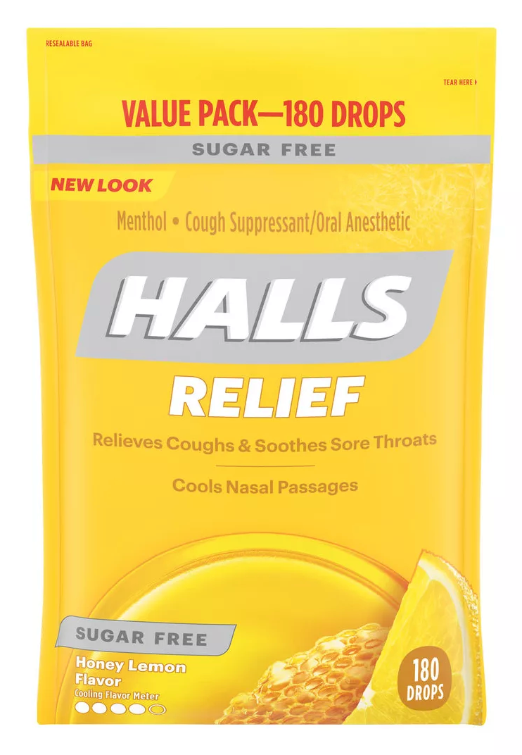 5+ 홀스 Halls 슈가-프리 기침•인후통 허니 & 레몬 드롭 180정 2팩 (360정)