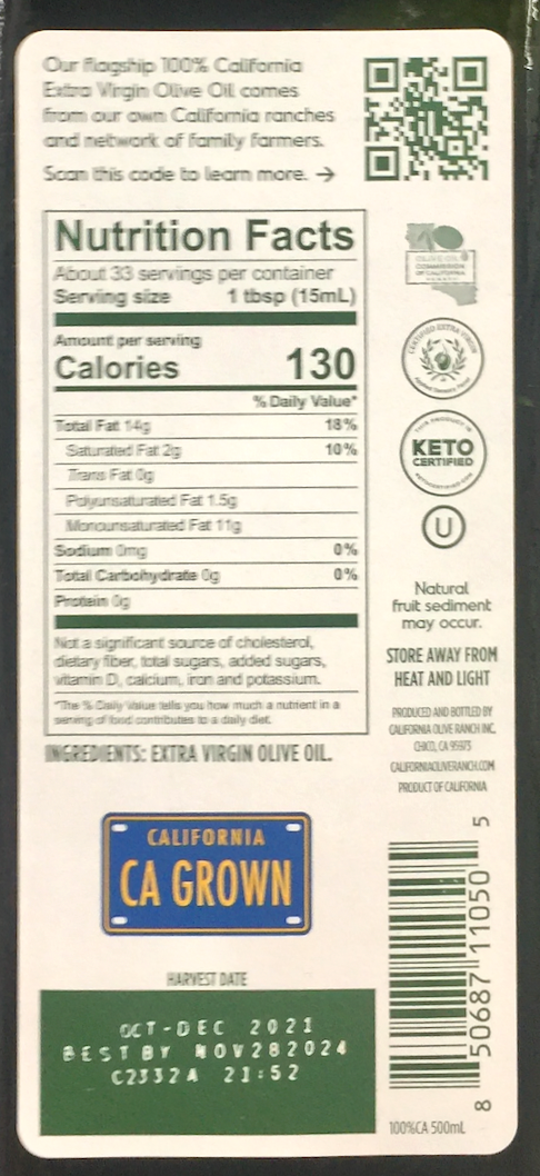 캘리포니아올리브랜치 Non-GMO 100% 캘리포니아 엑스트라 버진 올리브 오일 500ml *케토인증*