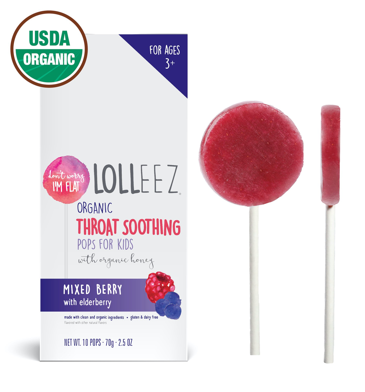 3+ 롤리즈 유기농/Non-GMO 인후통 롤리팝 10개 2팩 (20개)