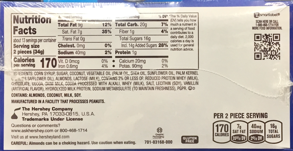 허쉬 아몬드조이 글루텐-프리 코코넛&아몬드 초콜렛바 스낵사이즈 25pc (442g)