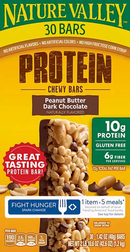 네이처밸리 Nature Valley 글루텐-프리 츄이 다크초콜렛 땅콩버터 단백질바 30ct (1.2kg)