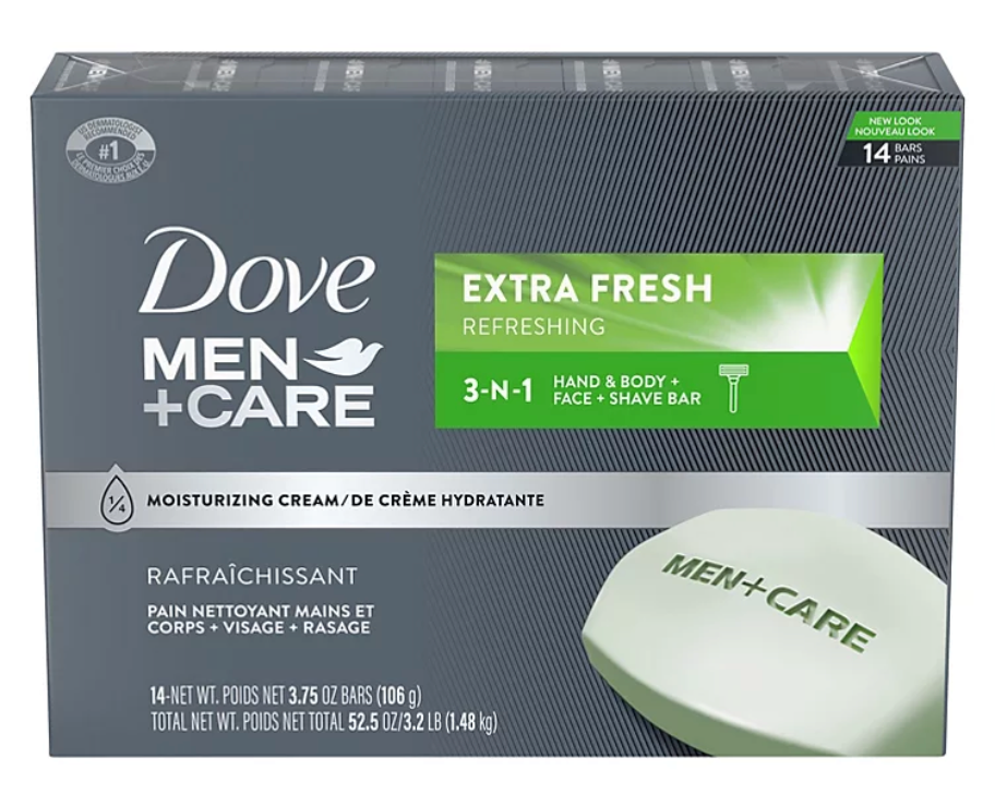 유니레버 Unilever 도브 파라벤/프탈레이트-프리 맨+케어 엑스트라 후레시 3-in-1 바디/페이스/면도 비누바 14ct (1.48kg)