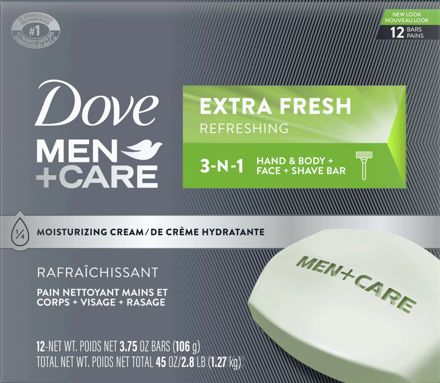 유니레버 Unilever 도브 파라벤/프탈레이트-프리 맨+케어 엑스트라 후레시 3-in-1 바디/페이스/면도 비누바 12ct (1.27kg)