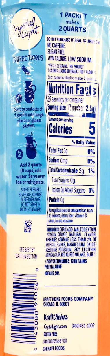 크래프트 Kraft 슈가-프리 크리스탈라이트 드링크 믹스 스트로베리 오렌지 바나나 1.89L 6ct (88g)