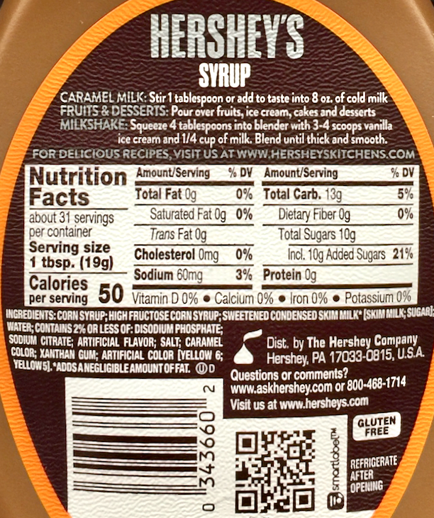 허쉬 Hershey's 글루텐-프리 무지방 카라멜 시럽 623g