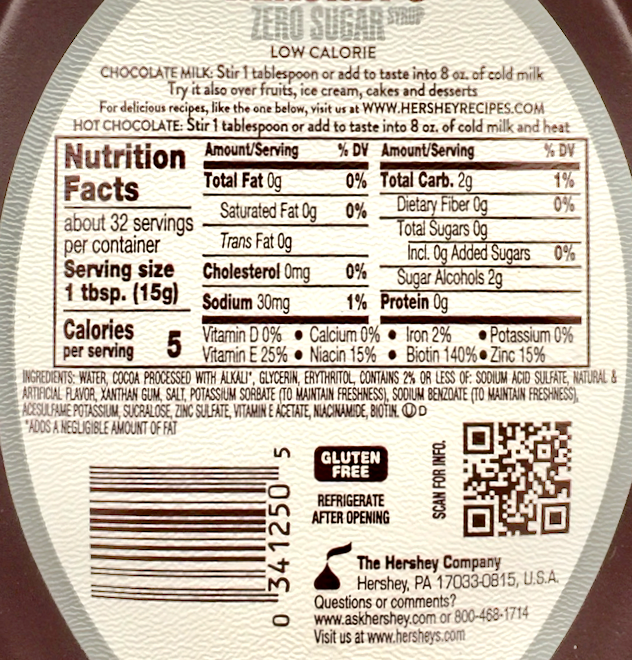 허쉬 Hershey's 제로슈가 아스파담/글루텐-프리 무지방 5칼로리 초콜렛 시럽 496g
