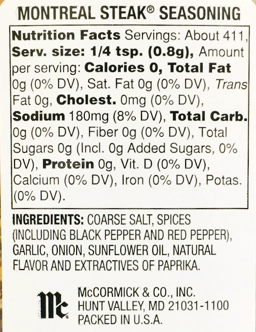 맥코믹 McCormick 그릴메이트 슈가/글루텐-프리 0칼로리 몬트리올 스테이크 시즈닝 329g
