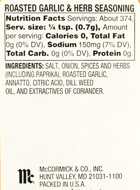 맥코믹 McCormick 그릴메이트 슈가/글루텐-프리 0칼로리 로스티드 갈릭 & 허브 시즈닝 262g