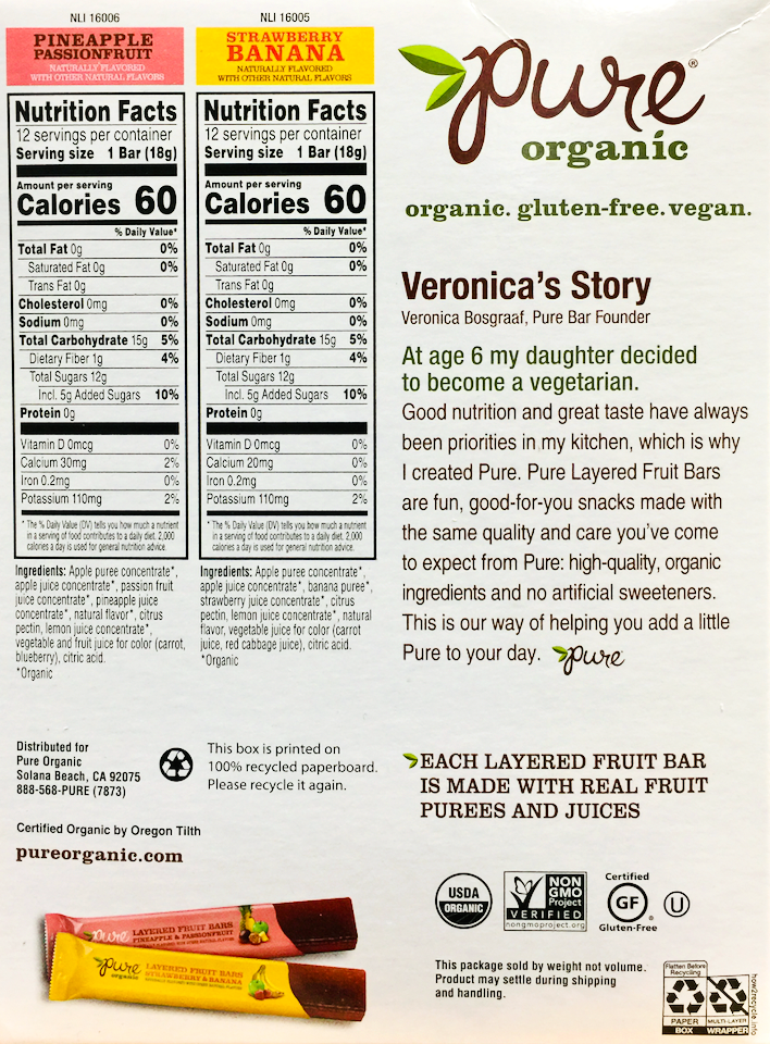 퓨어오가닉 Pure 유기농/Non-GMO 레이어드 과일바 24ct (432g)