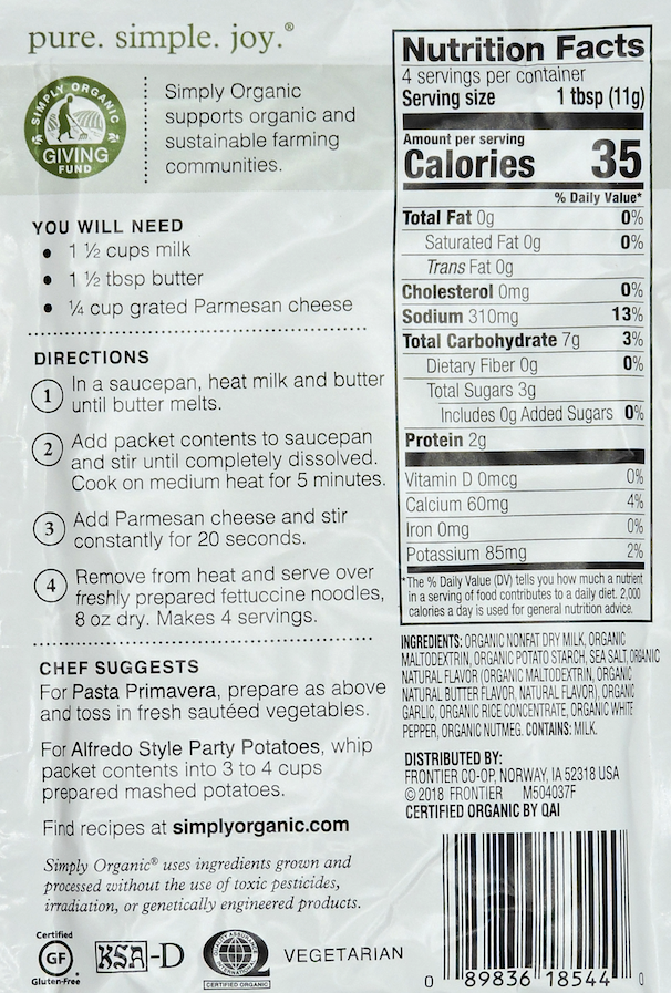 심플리 오가닉 Simply Organic 유기농 글루텐-프리 알프레도 소스 믹스 42g (4인분) 12개 (504g)