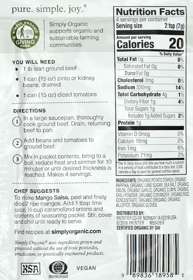 심플리 오가닉 Simply Organic 유기농 칠리 시즈닝 믹스 - 마일드 28g 12개