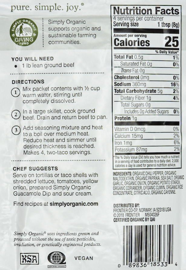 심플리 오가닉 Simply Organic 유기농 타코 시즈닝 믹스 - 싸우스 웨스트 32g 12개