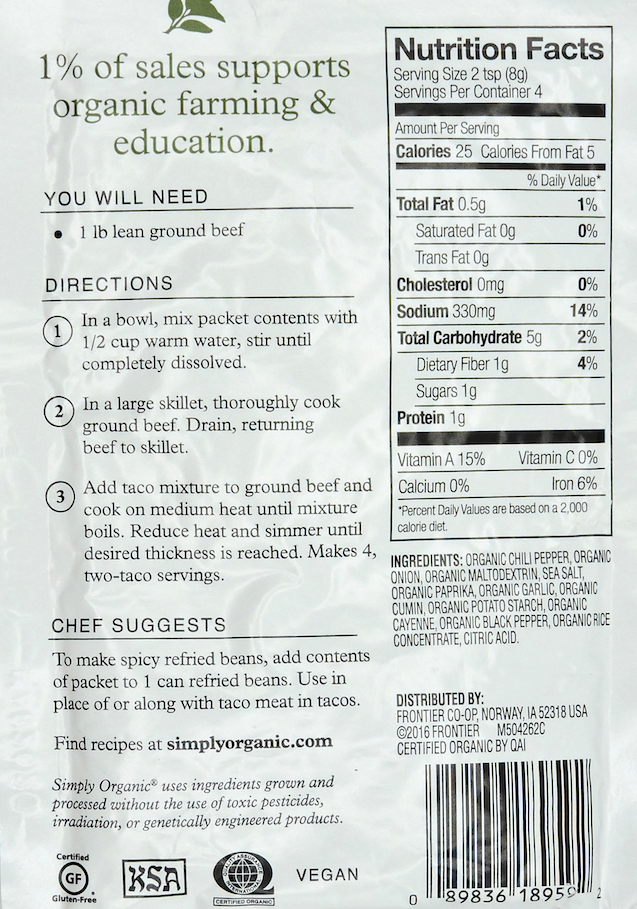 심플리 오가닉 Simply Organic 유기농 타코 시즈닝 믹스 - 스파이시 32g 12개