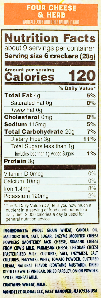 나비스코 Nabisco Non-GMO 트리스킷 4치즈 & 허브 통곡물 크래커 240g