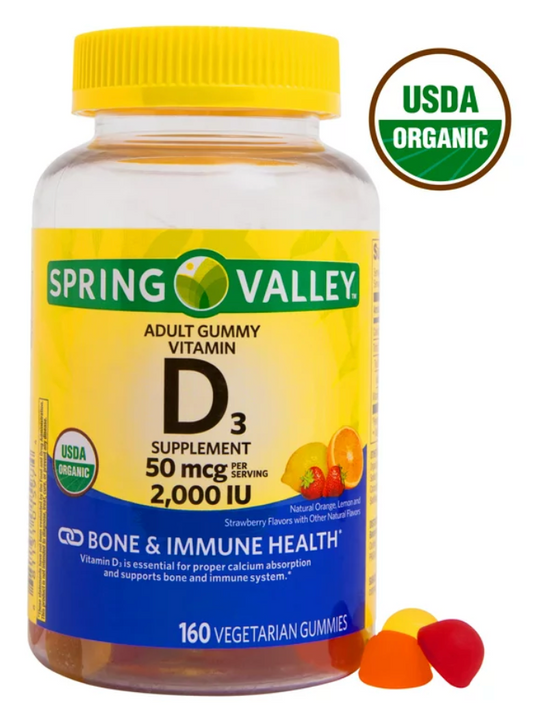 스프링밸리 Spring Valley 유기농/Non-GMO 젤라틴-프리 비타민 D3 1000 IU 거미 160정