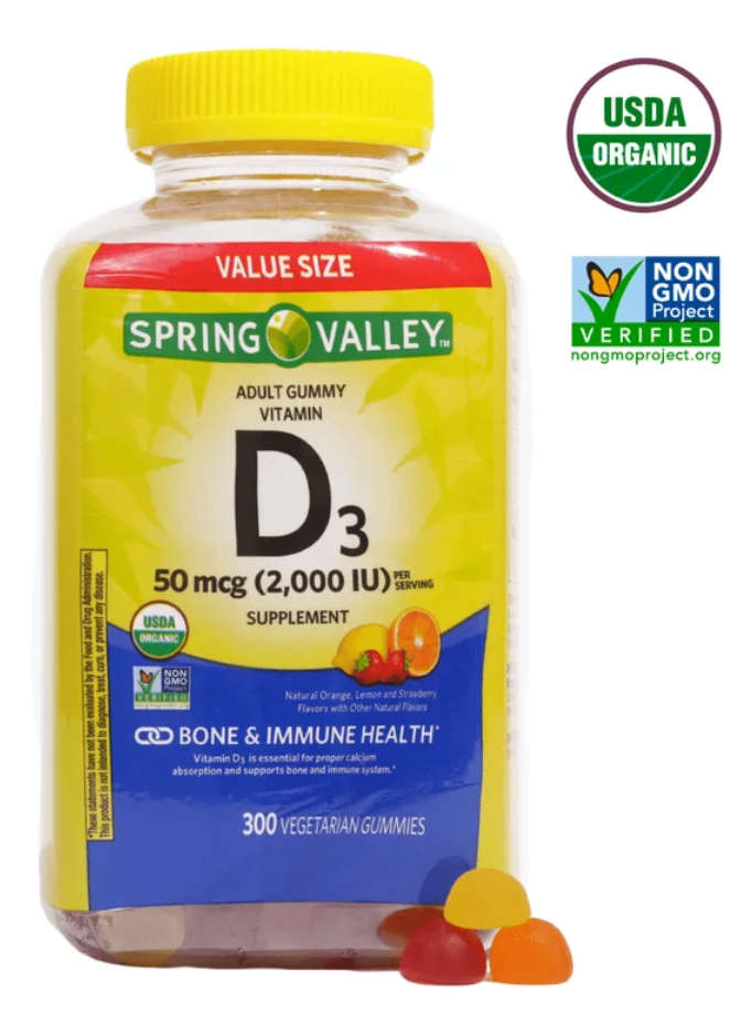 스프링밸리 Spring Valley 유기농/Non-GMO 젤라틴-프리 비타민 D3 1000 IU 거미 300정