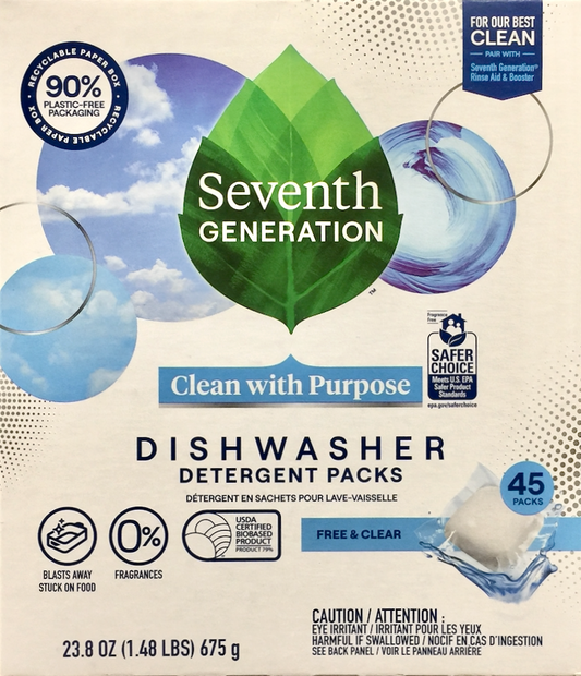 [EWG A 등급] 세븐스제너레이션 7th Generation 79% 식물성 프리&클리어 식기세척기 세제 45팩 (675g)