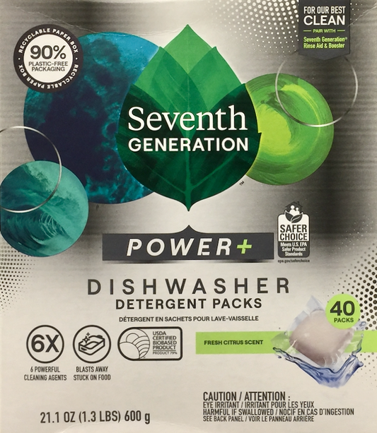 [EWG A 등급] 세븐스 제너레이션 7th Generation 파워플러스 79% 식물성 식기세척기 세제 40팩 (600g)