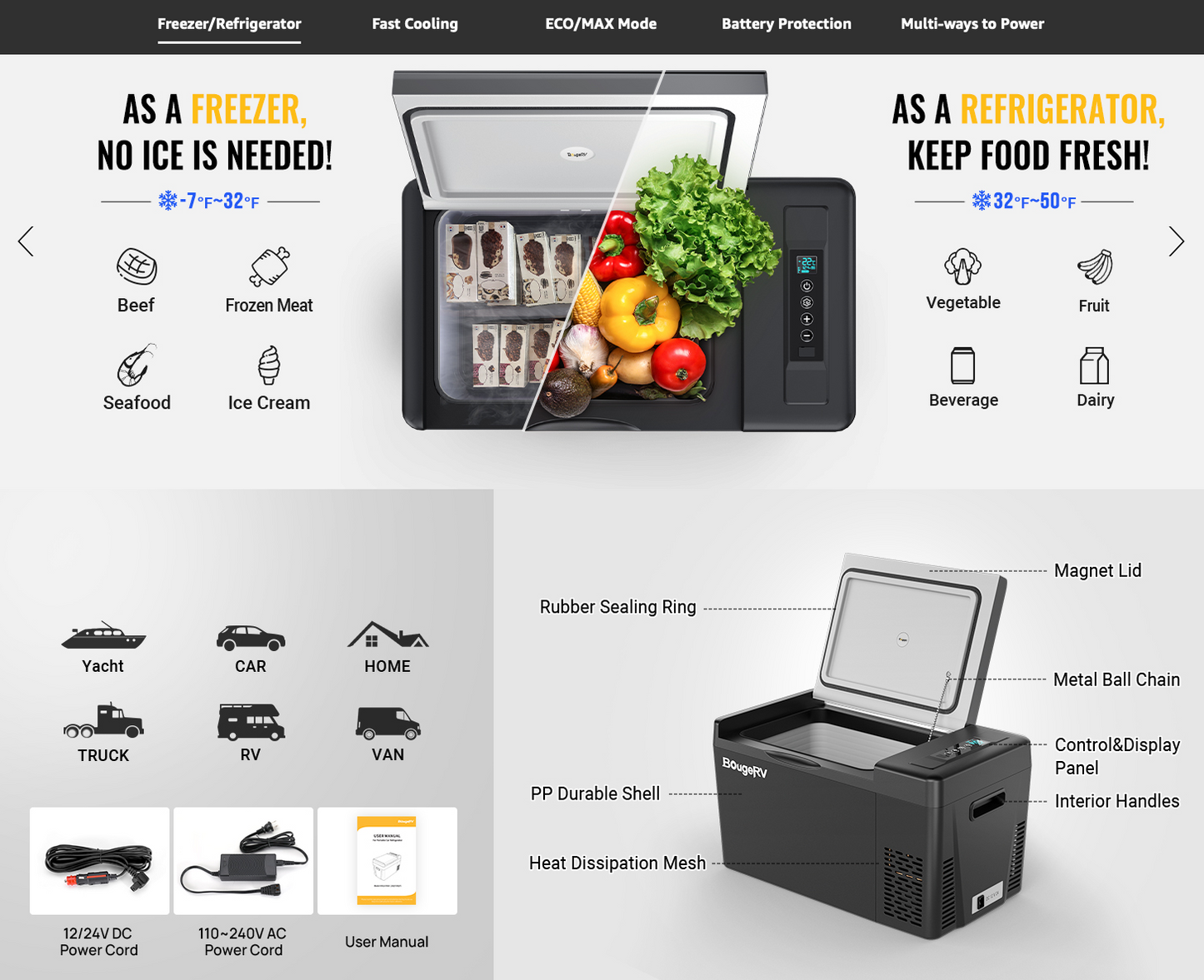 부즈알브이 BougeRV 캠핑 자동차용 냉장/냉동 겸용 아이스박스 Grey